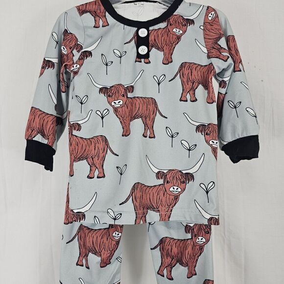 Highland Cow Pajama Blue/gray With Black Trim Brown Cow Print Pajama Set Size 92 - Picture 3 of 5